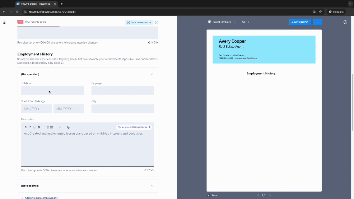 Employment history editor in resume.io demo Employment history editor in resume.io demo