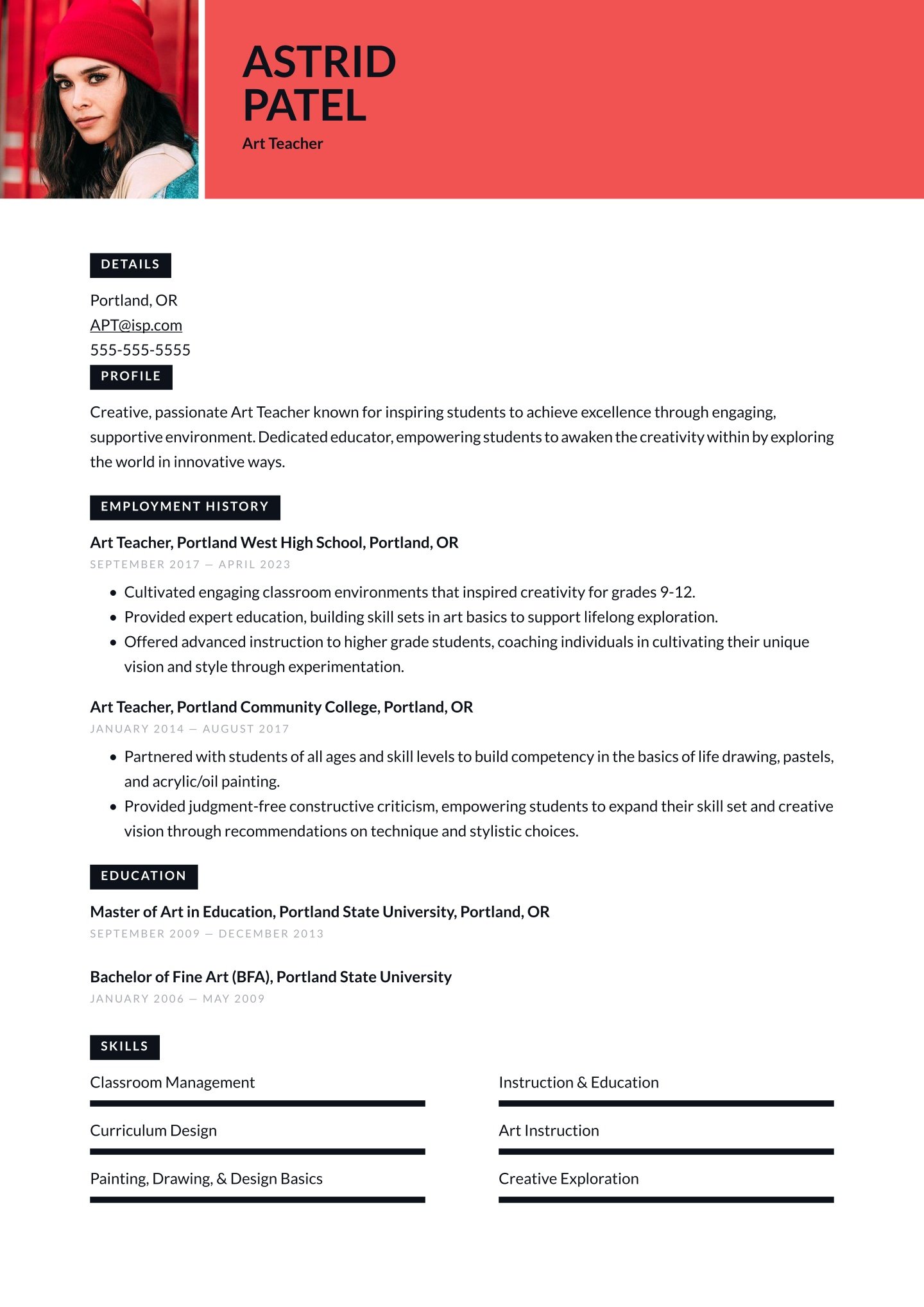 Mid-career Art Teacher Translation missing: en.examples.cover_letter_example