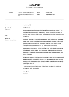 Customer Service cover letter example