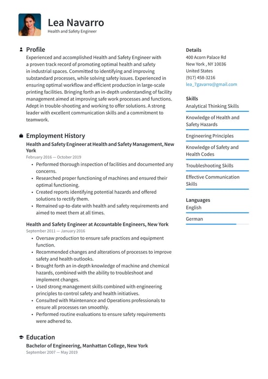 Health and Safety Engineer resume examples & templates