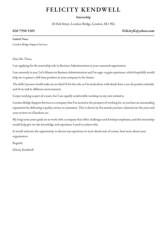 Internship cover letter example