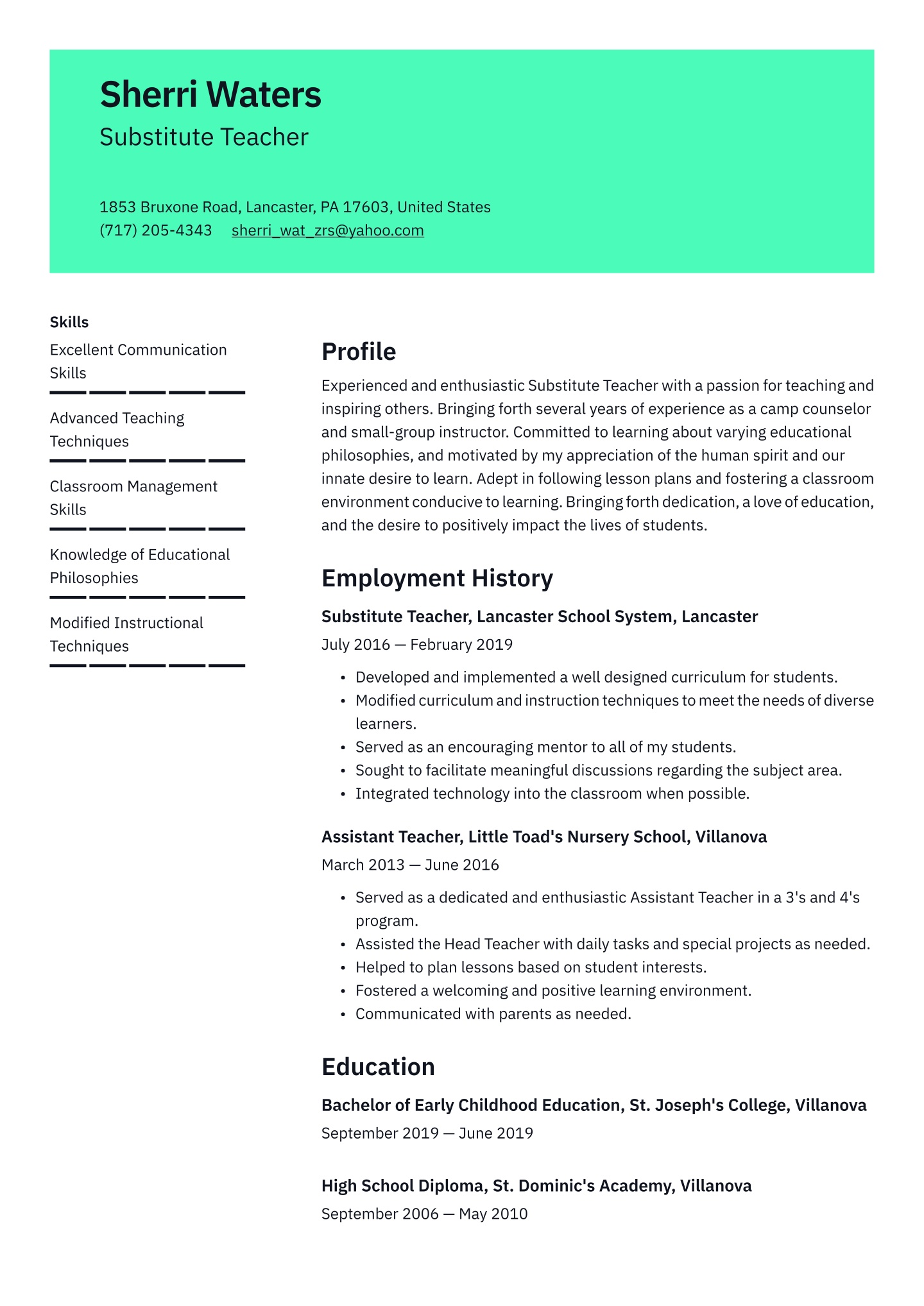 Mid-career Substitute Teacher  Translation missing: en.examples.cover_letter_example