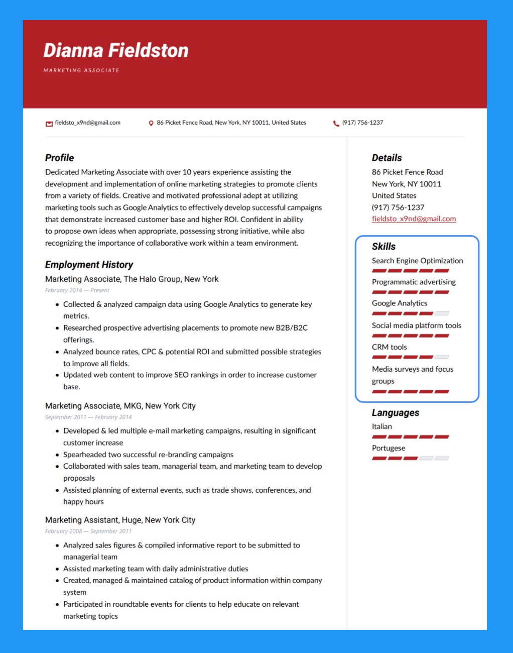 Skills section highlighted in example resume Skills section highlighted in example resume